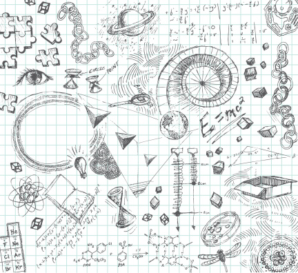 Hand-drawn doodle pencil sketch of various scientific subject matter—A stream of consciousness look into the mind of a science, technical or math oriented person. All images are grouped and on separate layers making for easy changes. Graph paper on layer that can be easily removed. XL 5000x5000 jpeg included.