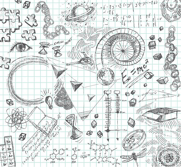 Hand drawn pencil sketches of scientific concepts Hand-drawn doodle pencil sketch of various scientific subject matter—A stream of consciousness look into the mind of a science, technical or math oriented person. All images are grouped and on separate layers making for easy changes. Graph paper on layer that can be easily removed. XL 5000x5000 jpeg included. science sketch notes stock illustrations