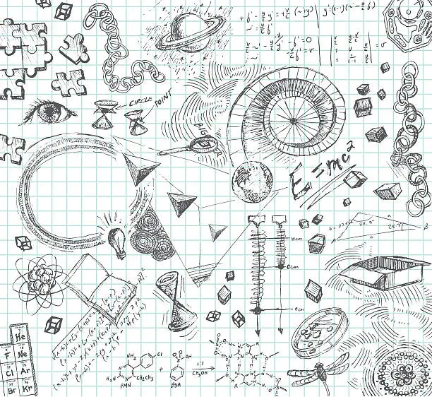 Vector illustration of Hand drawn pencil sketches of scientific concepts