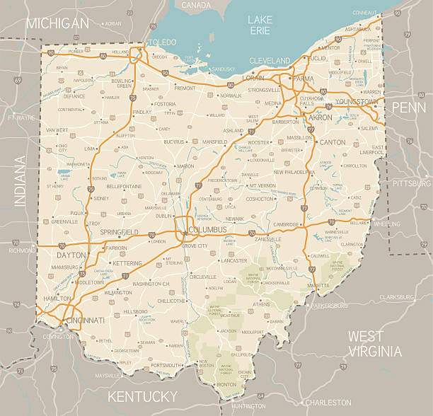 Ohio Map A detailed map of Ohio state with cities, roads, major rivers, and lakes plus National Forests. Includes neighboring states and surrounding water.  ohio stock illustrations
