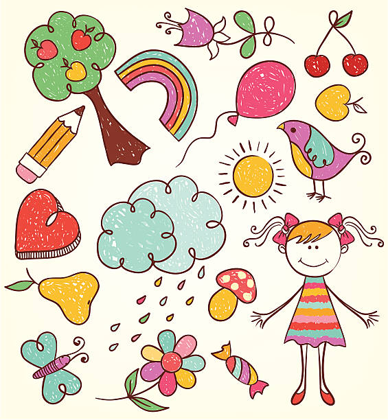 illustrazioni stock, clip art, cartoni animati e icone di tendenza di bambini disegno divertente - sun sky child balloon