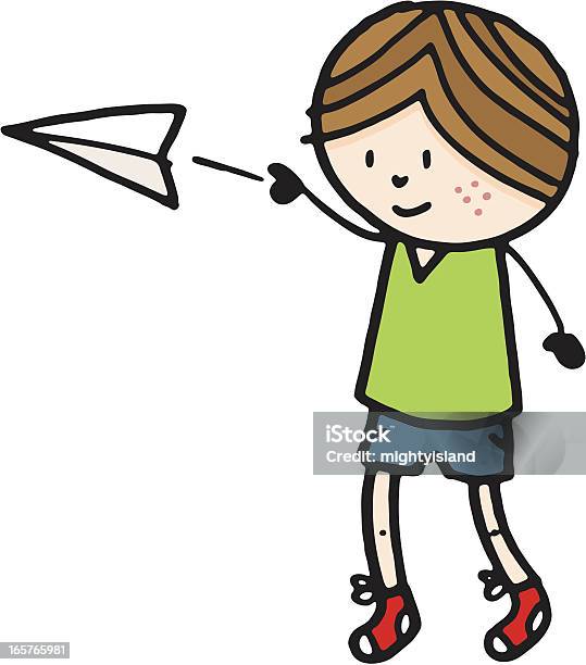 Boy Throwing A Paper Plane Stock Illustration - Download Image Now - Activity, Boys, Cheerful