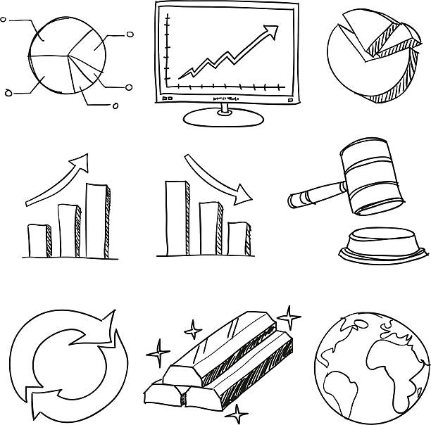 Finance and business symbol in black white Finance and business symbol in sketch style, Black and White bar graph illustrations stock illustrations