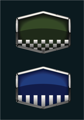 Classic car emblem, two models, one with stripes and another with flag.