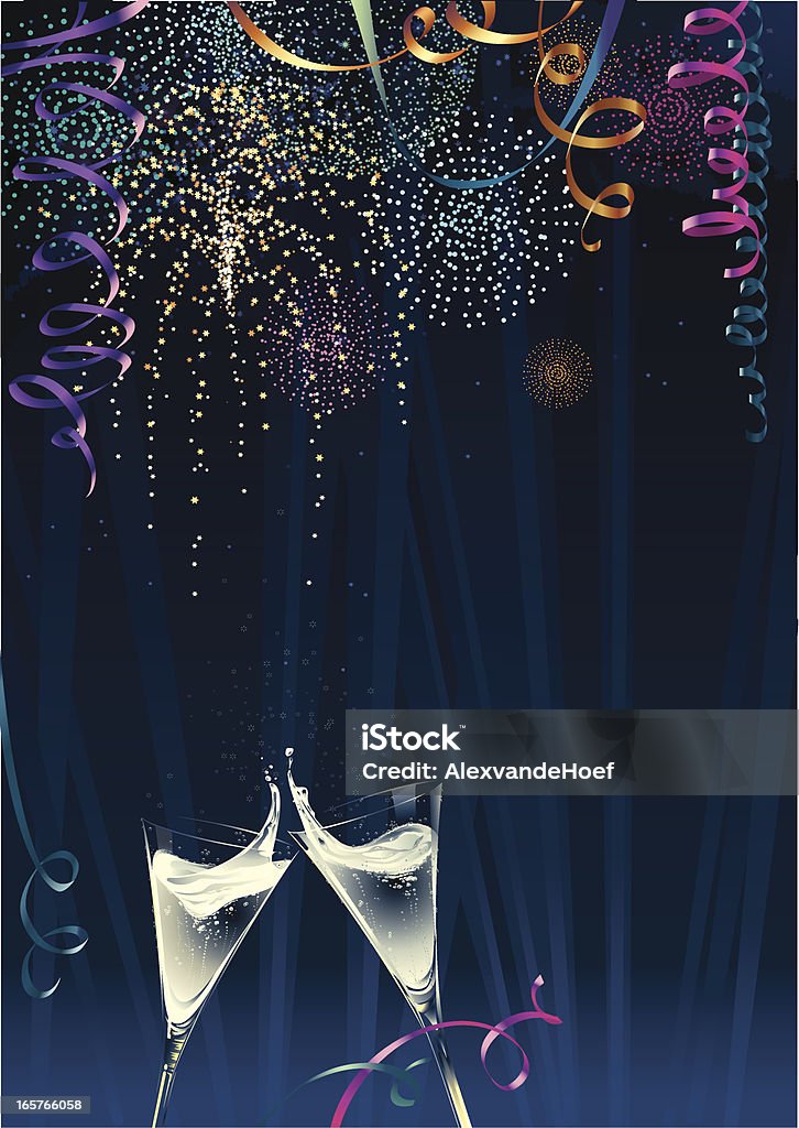 Champagne Flutes Party Background Vector illustration of 2 champagne flutes with fireworks and colorful ribbons in front of a blue night sky. Includes AI8-eps. AI8, PDF and high res JPG (43 cm high, 300 dpi). The champagne flutes are complete (clipped). All elements are grouped and on separate layers. Celebratory Toast stock vector