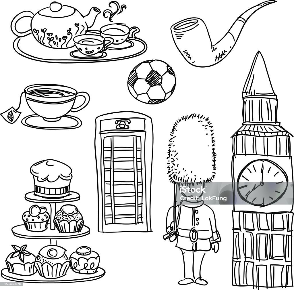 Symbols of England in black and white Sketch drawing of England's symbols in black and white.  London - England stock vector