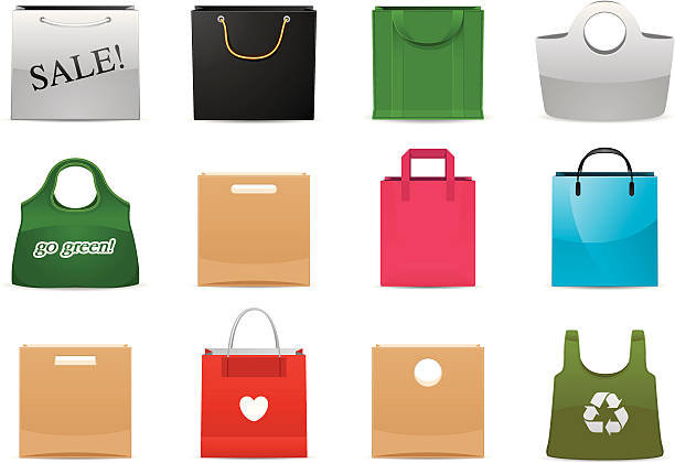 Shopping Bag icons | Classic series Vector illustration of shopping bags. Each icon is properly grouped and placed on top of shadow. Download includes hi res (4300 x 3036, 300dpi) PSD file with separated icons and shadow layers over transparent background. reusable bag stock illustrations