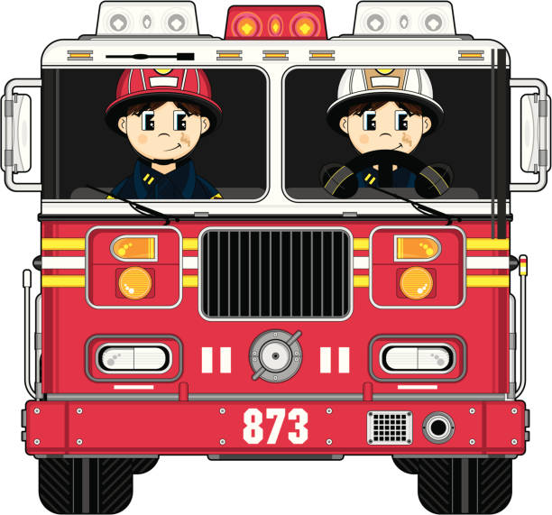 Firefighters Driving Fire Engine vector art illustration