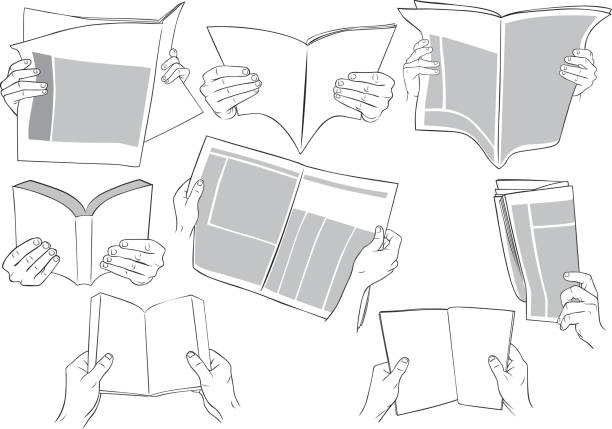 ręce trzymając książki, magazyny, gazety i czytanie. - newspaper reading broadsheet paper stock illustrations