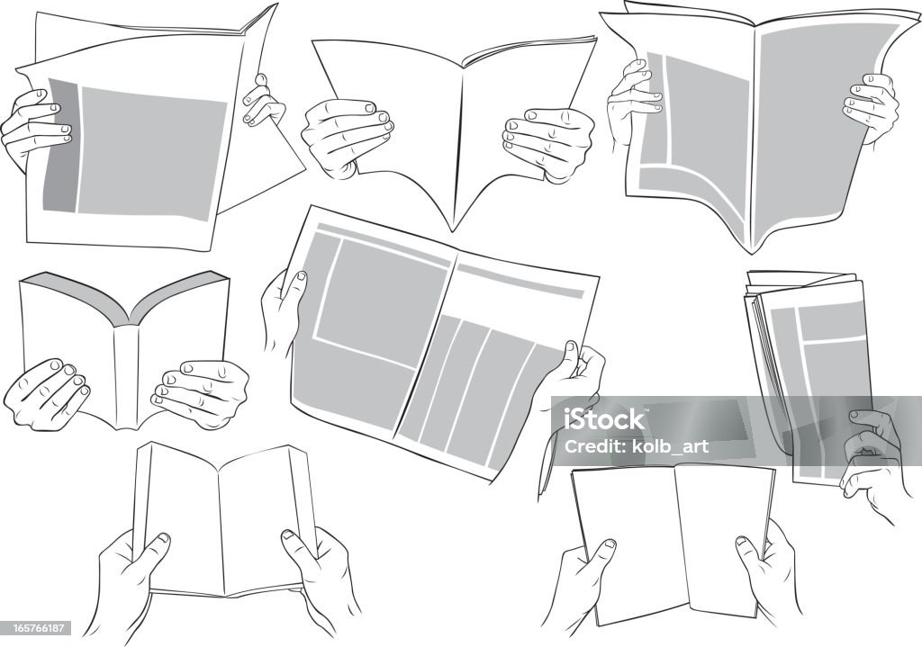 Mãos segurando livros, revistas, jornais e sala de leitura. - Vetor de Jornal royalty-free