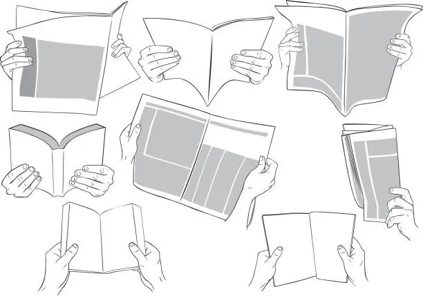 Vector illustration of Hands holding books, magazines, newspapers and reading.