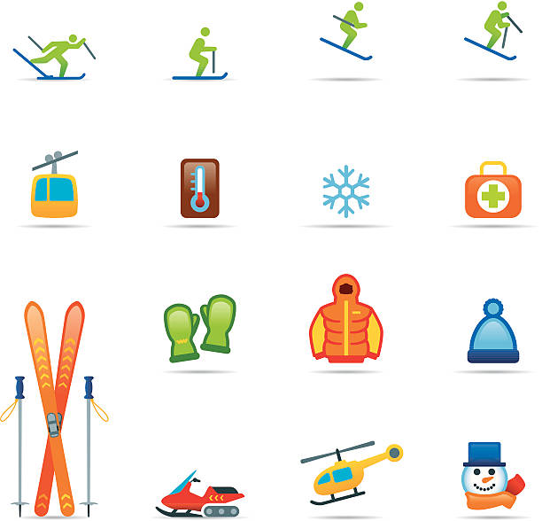 Icon Set, Skiing Color Icon Set, Skiing items on white background, made in adobe Illustrator (vector) Snowmobiling stock illustrations