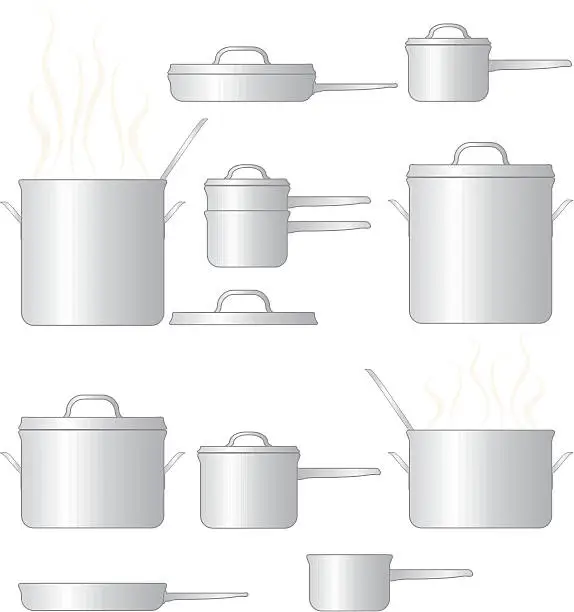 Vector illustration of Kitchen Cooking Pots and Pans Set: Metallic Stainless Steel