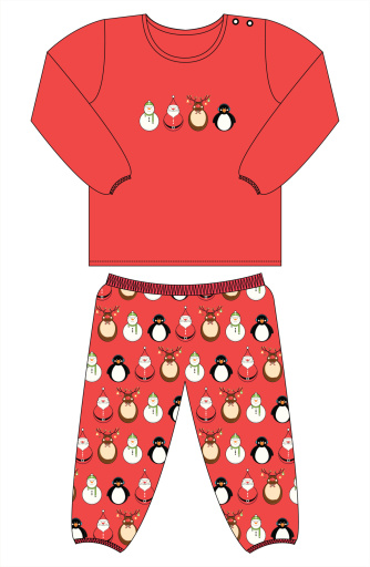 Christmas character pj's in red with santa, snowman,penguin and a reindeer. A fashion flat front view.