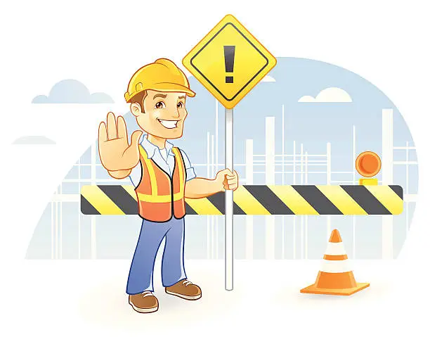 Vector illustration of Construction Worker in Hardhat Holding Sign
