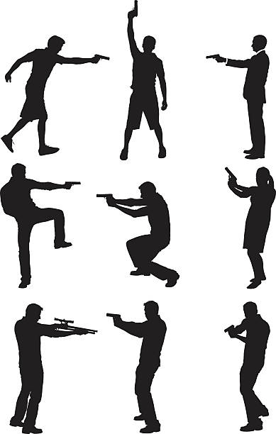 ilustraciones, imágenes clip art, dibujos animados e iconos de stock de peligroso personas con pistolas - crouching silhouette men people
