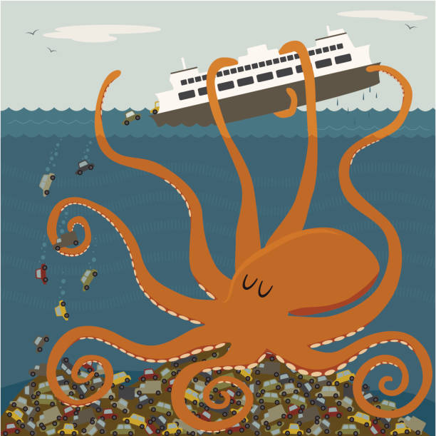 Giant octopus tipping a ferry Retro styled underwater scene of a Pacific Giant Octopus tipping a ferry in the Puget Sound (Pacific Northwest).  Cars spill out of the ferry onto the pile of other cars and trucks.    ferry stock illustrations