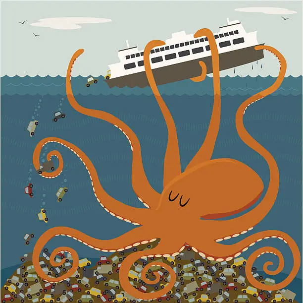 Vector illustration of Giant octopus tipping a ferry