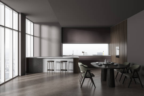 istock Grey home kitchen interior with bar island and dining table, panoramic window 1657663660