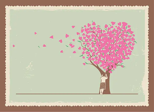 Vector illustration of Frame of girl leaning on a tree with heart shaped leaves