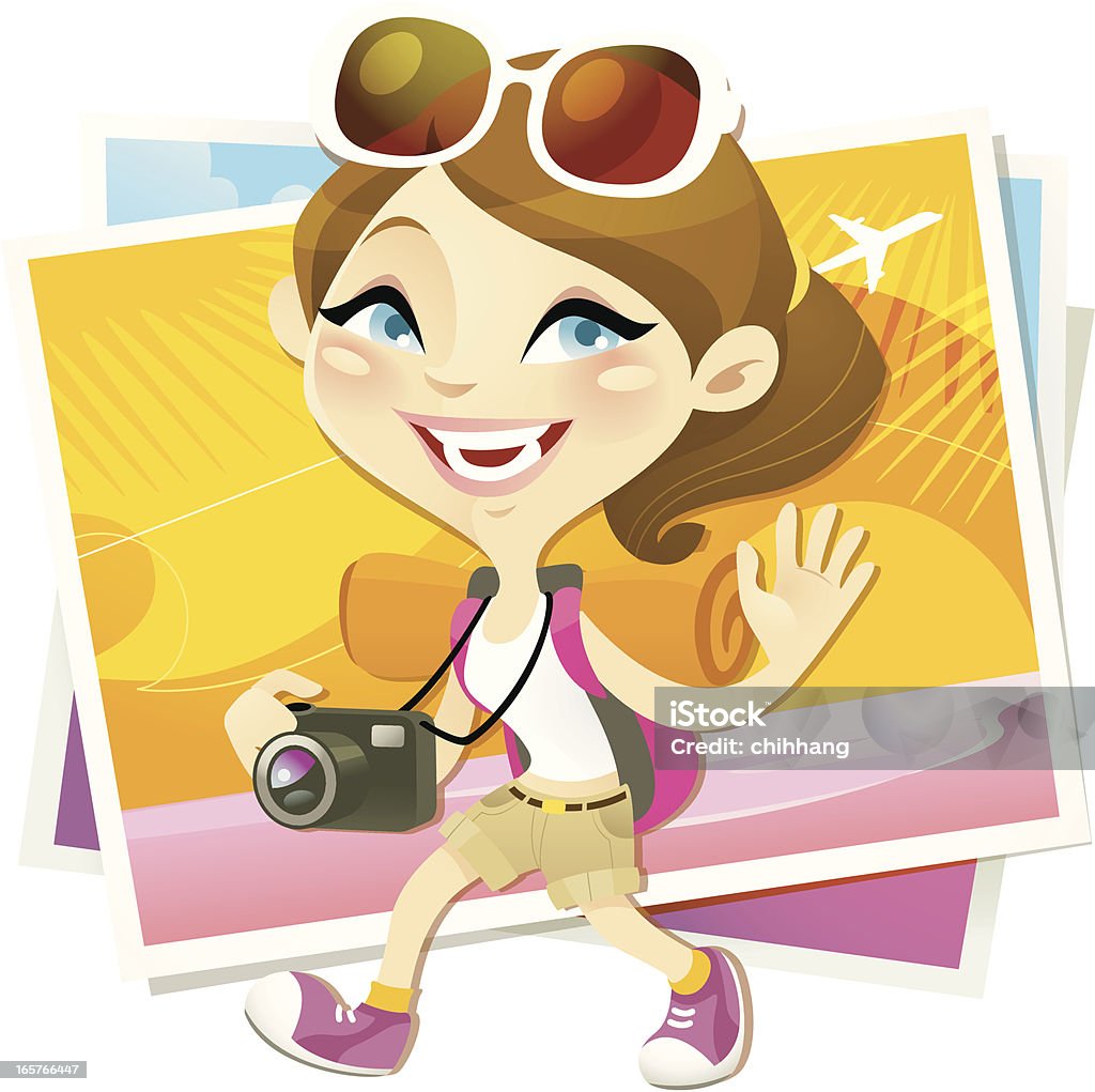Backpacker Girl Vector illustration of a delightful backpack traveller holding camera. This colorful character is great for any holiday/travel related blog or projects.  Beach stock vector