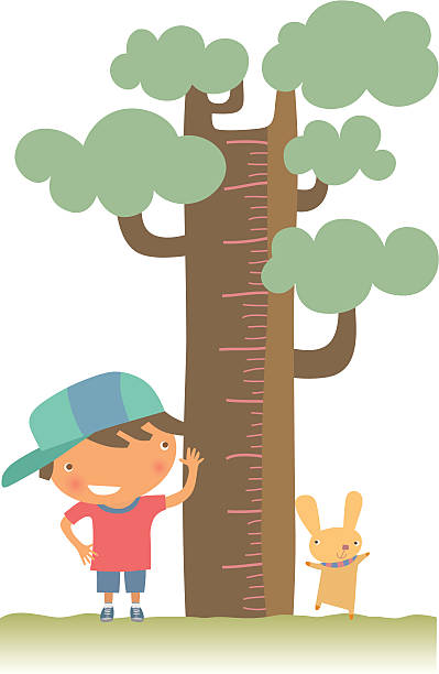 Young boy and pet checking their height against a tree vector art illustration
