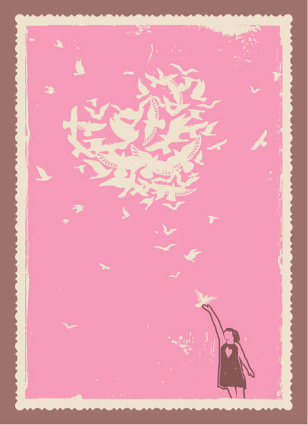 Love Dream Vector illustration of a flock of doves high up in the sky. Еverything is love. women flying bird freedom stock illustrations
