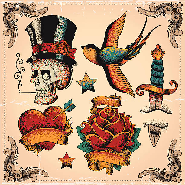 old school tatuaże - skull tattoo vector flower stock illustrations