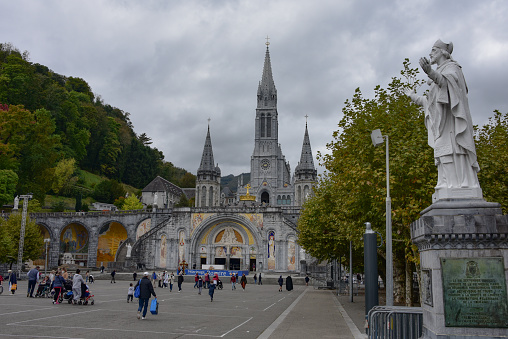 Lourdes, France - 9 Oct 2021: The Rosary Basilica Church of Lourdes