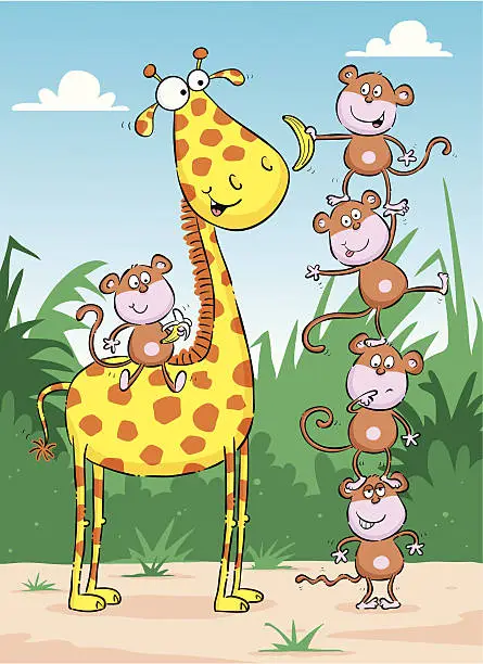 Vector illustration of Cartoon monkeys with a giraffe