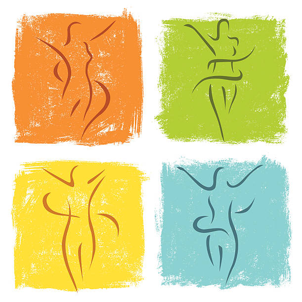 Diet icons Four women icons on the different colours background... exercise class icon stock illustrations