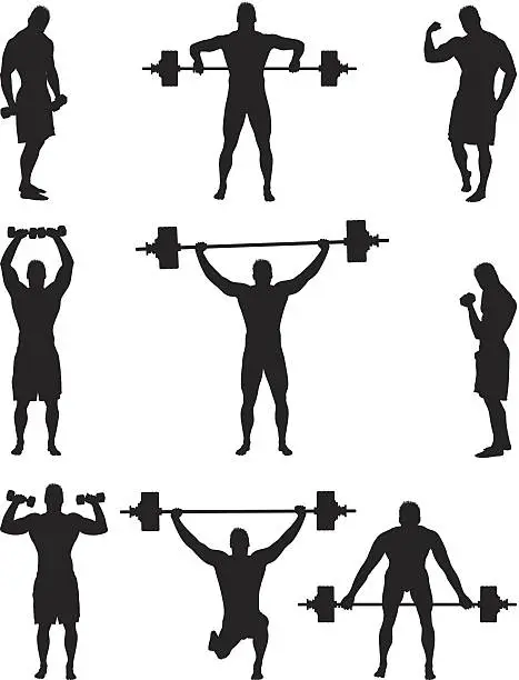 Vector illustration of Muscle bound man lifting weights