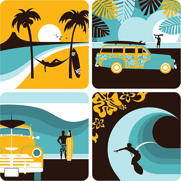 Vector illustration of Surf set. Surfer, surfboard, summer, beach, sea, sport, myillo