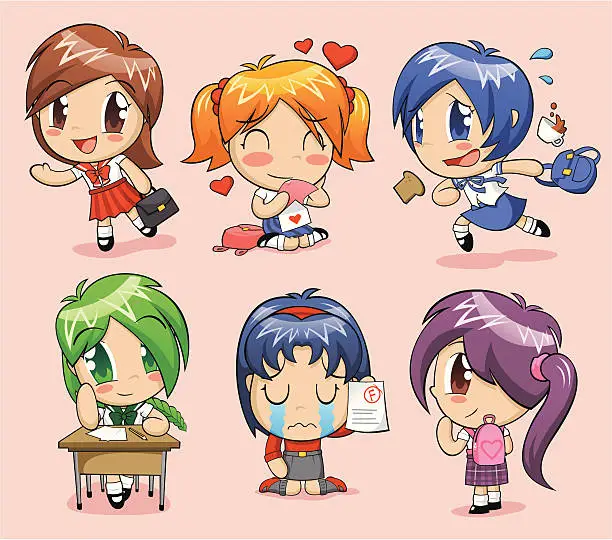 Vector illustration of Anime schoolgirls