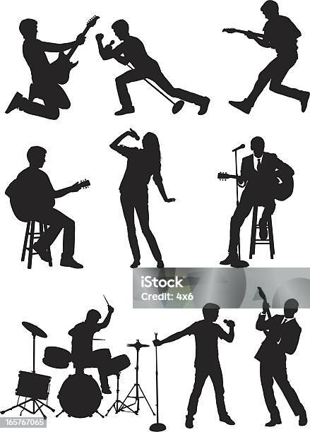 Rock Band Vocals Гитара И Барабанах — стоковая векторная графика и другие изображения на тему Силуэт - Силуэт, Исполнительская группа, Художественное занятие