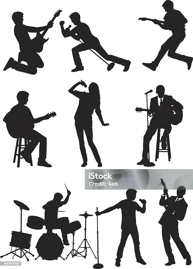 Rock band vocals guitar and drums Rock band vocals guitar and drumshttp://www.twodozendesign.info/i/1.png In Silhouette stock vector