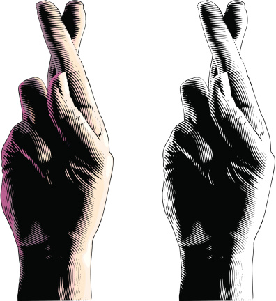 Engraving style illustration of fingers crossed for good luck or not telling the truth. Color version and black line art version included.