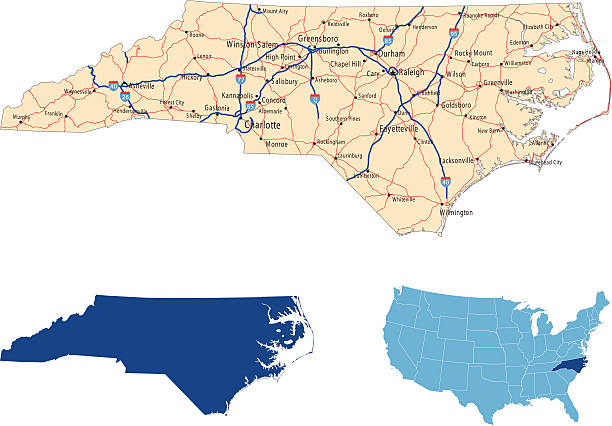 North Carolina road map illustration of North Carolina state road  map for your design and products.  state of north carolina map stock illustrations