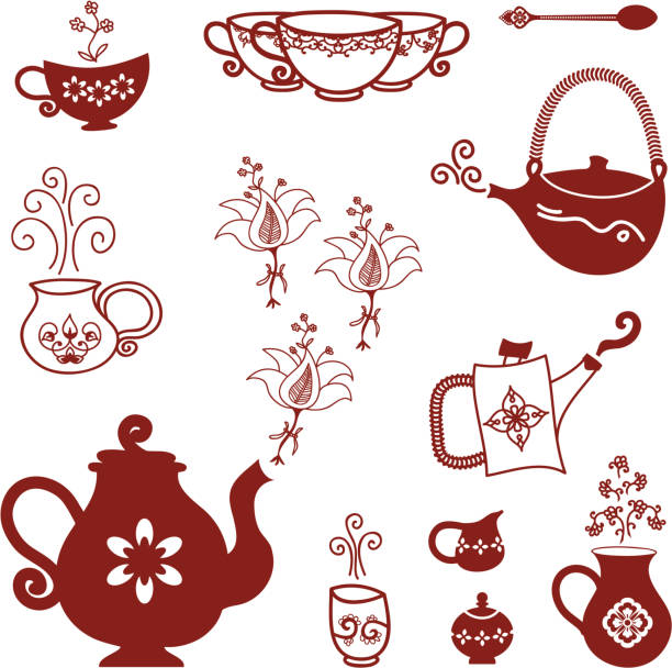 mehndi zestaw herbaty - coffee cup steam black tea brown stock illustrations