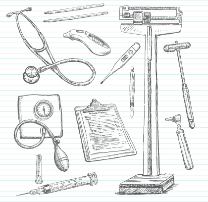 Hand-drawn doodle pencil sketch of various items you might encounter during a visit to the doctor. Includes: stethoscope, old-school thermometers (Celsius and Fahrenheit), digital thermometers, scale, reflex hammer, scalpel, blood pressure cuff, syringe, otoscope and a clipboard with one of the many forms you must fill out. All images are grouped and on separate layers making for easy changes. Lined paper on layer that can be easily removed. XL 5000x5000 jpeg included.
