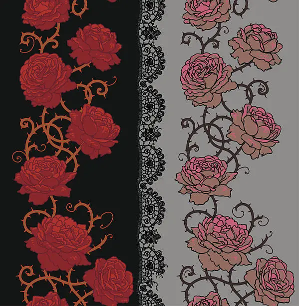 Vector illustration of Roses with stems and thorns Vertical seamless pattern.