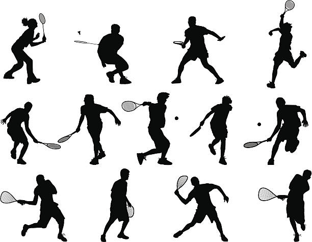 Racquet Sports Tennis, racquetball, and badminton silhouettes.  This file is layered and grouped, ready for editing. badminton stock illustrations