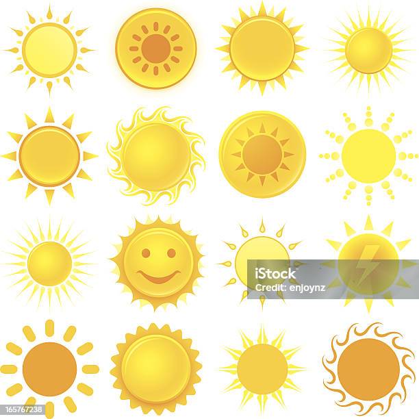 Simboli Di Sole - Immagini vettoriali stock e altre immagini di Colore brillante - Colore brillante, Energia solare, Estate