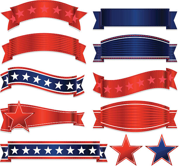 ilustrações, clipart, desenhos animados e ícones de fita de patriota, adesivos e estrelas localizado: vermelho, branco e azul - fourth of july patriotism star shape red