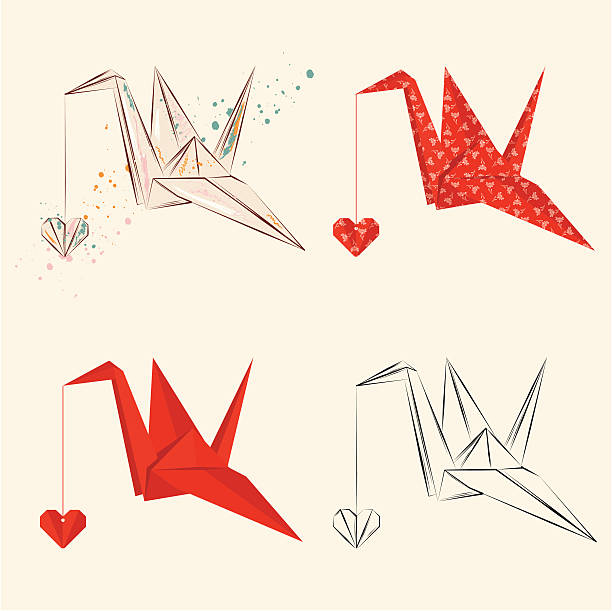 Origami crane with heart Set of origami cranes with origami heart origami cranes stock illustrations