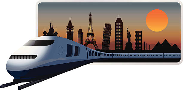 A graphic of a train leaving a city at night an editable vector banner design with some of famous place of the world and speed tarin. egyptian palace stock illustrations