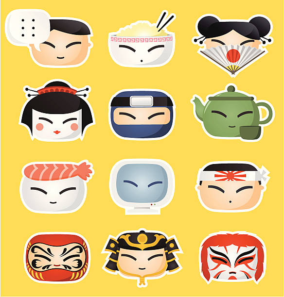 illustrazioni stock, clip art, cartoni animati e icone di tendenza di icona giapponese facce - geisha japanese culture women japanese ethnicity