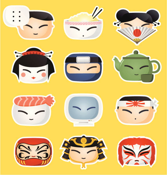 Japanese icon faces Set of representative japanese characters. boys bowl haircut stock illustrations