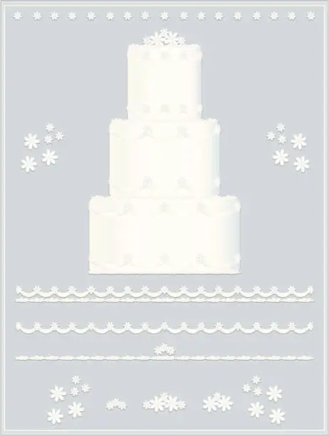 Vector illustration of Wedding Cake Design Set: White Flowers, Sashes, Borders, Background