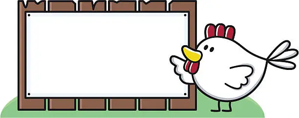 Vector illustration of cartoon chicken points to blank sign for your text